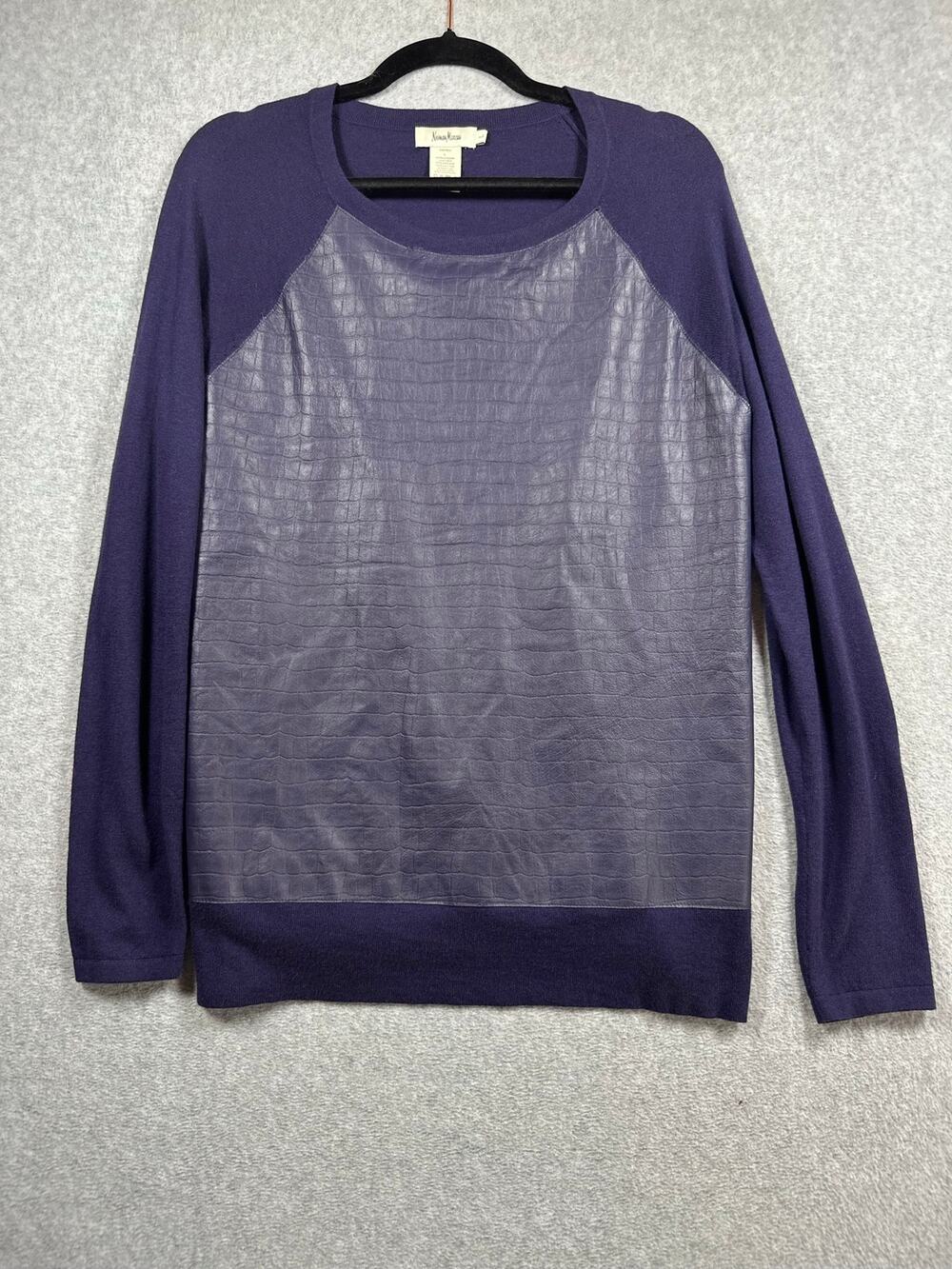 Neiman Marcus Croc Leather Knit Sweater Women's Large Navy Cashmere Angora